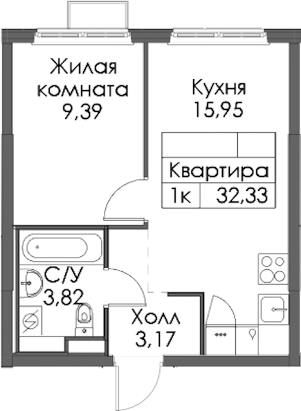 1-комнатная квартира 32.33 м², 11/12 эт., ЖК «Таллинский парк»